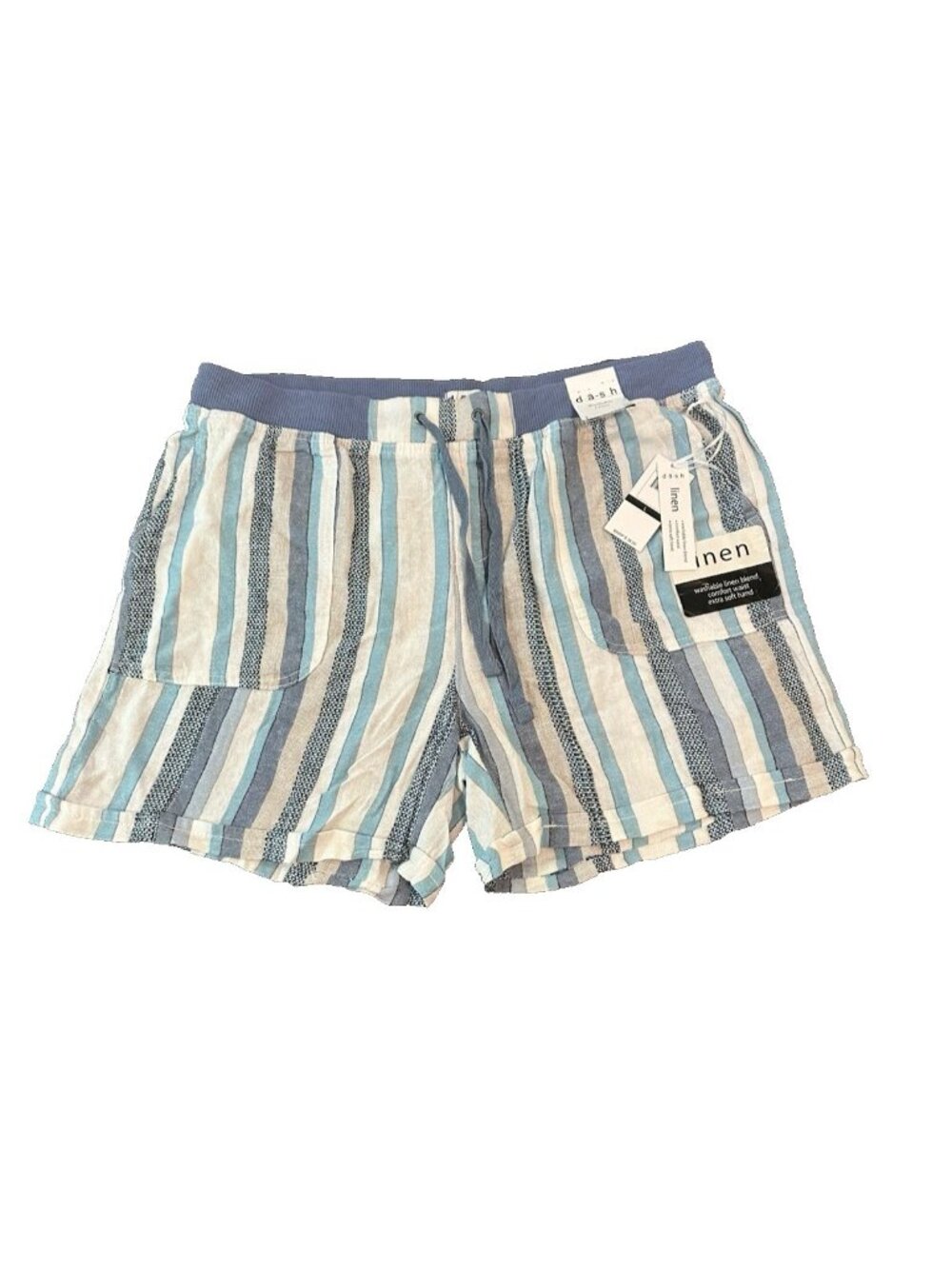 Dash Womens Linen Blend Shorts L Blue Striped Coastal Vacation Drawstring NWT